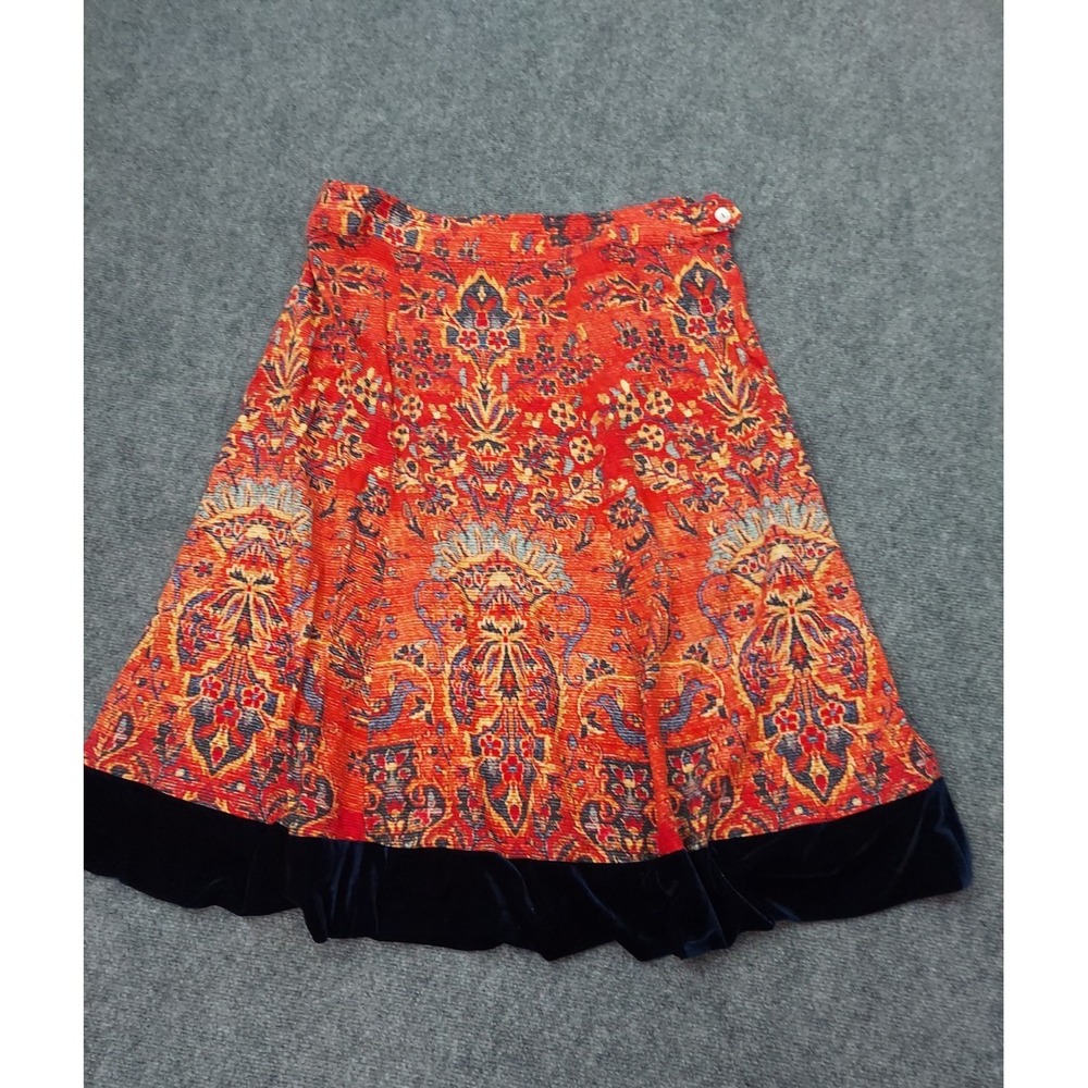 Soft Surroundings Skirt Womens XL Red Blue Velvet Hem Baroque‎ Print Boho Midi